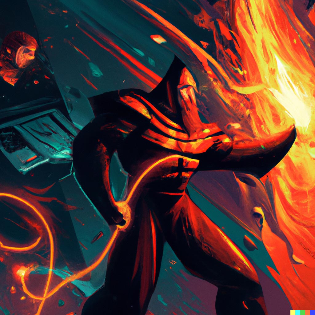 DALL·E prompt: Prometheus stealing fire from the god of data servers, digital art